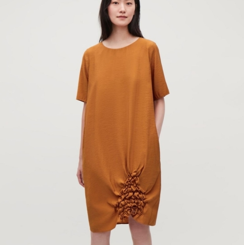 COS Women Rust Crushed Modal Gathered Hem Short Sleeve Sheath Dress Size 2